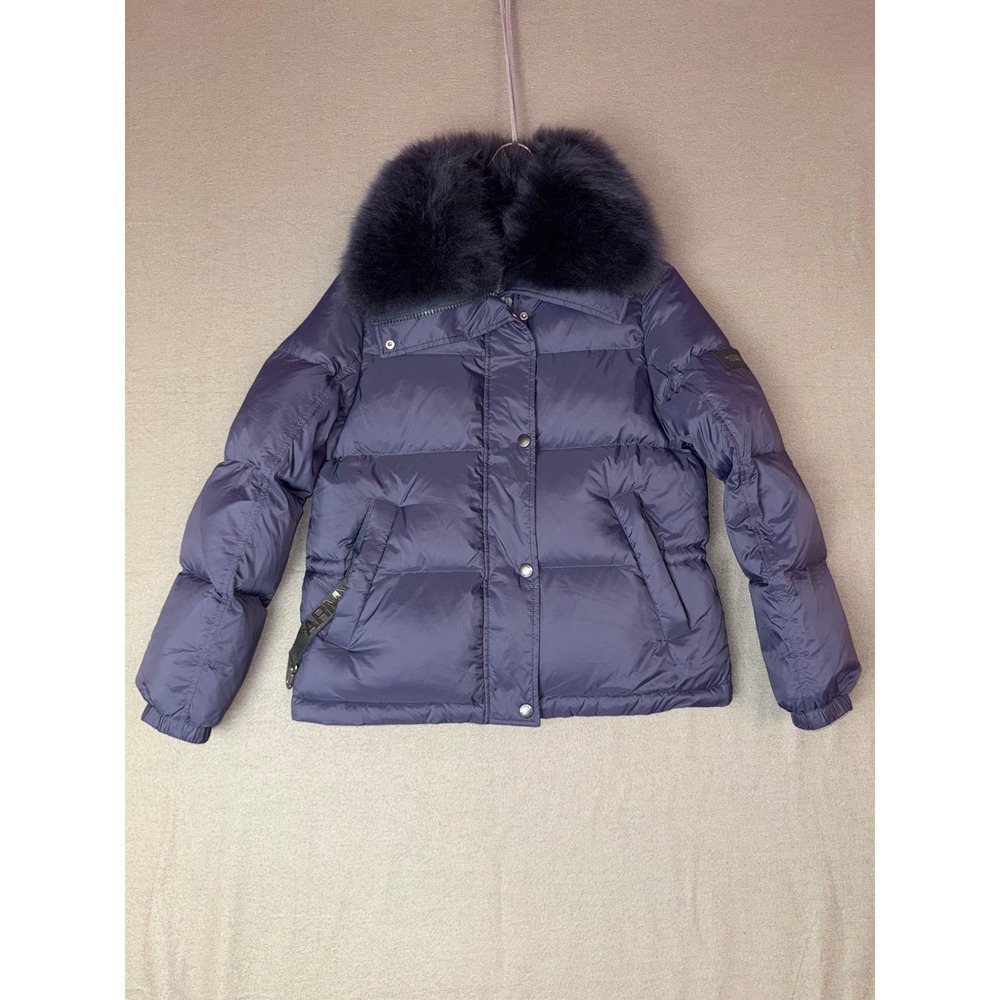 Yves Salomon YS Army Fur Hood Puffer Jacket Blue Womens Large NWT